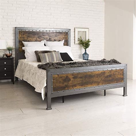 New Rustic Queen Industrial Wood And Metal Bed Includes