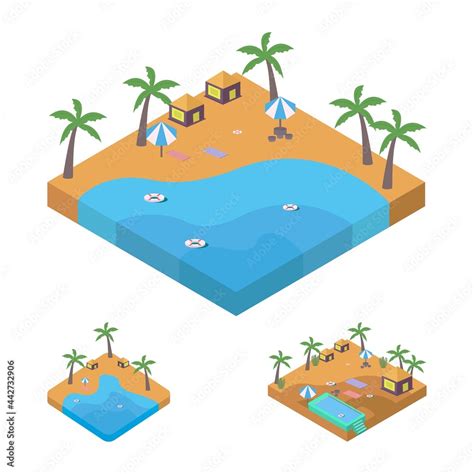 2 5d sandy beach landscape concept collection sandy beach vector with swimming pool and coconut