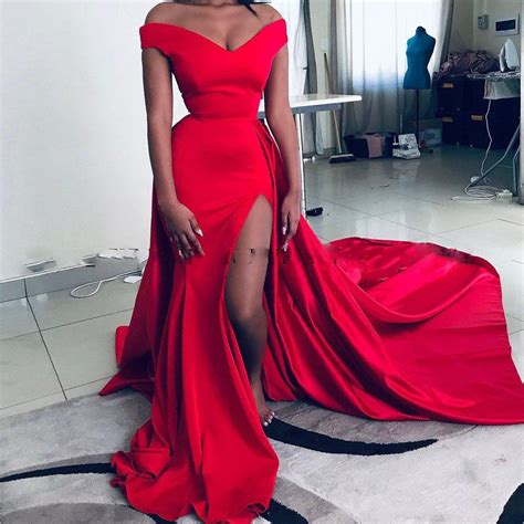 Simple New Arrival Sexy Red Mermaid Prom Dresses Off Shoulder High Side Split Satin Long Formal