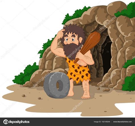 Cartoon Caveman Inventing Stone Wheel With Cave Background Stock Vector