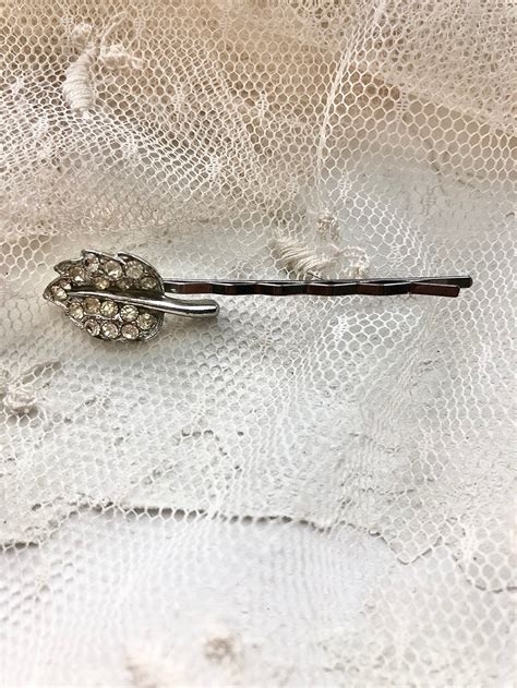 Vintage Hair Pins Silver Tone Leaf Rhinestones Collectible Etsy