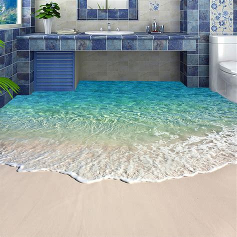 Self Adhesive Floor Mural Photo Wallpaper 3d Seawater Wave Flooring