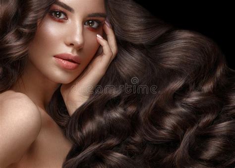 Beautiful Brunette Model Curls Classic Makeup And Full Lips The