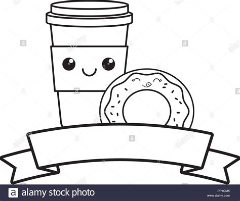 Kawaii Donut And Coffee Cup And Decorative Ribbon Over White Background