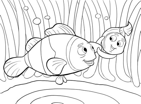 Sebuah keluarga sedang membersihkan halaman rumah. Buku halaman mewarnai gambar nemo si ikan lucu untuk anak