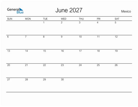 Printable June 2027 Monthly Calendar With Holidays For Mexico