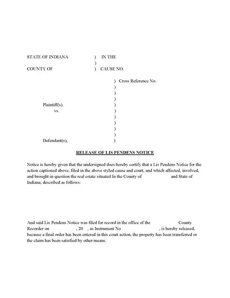 La Porte County Release of Lis Pendens Notice Form | Indiana | Deeds.com