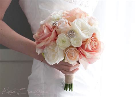 Blush And Ivory Garden Rose Wedding Bouquet Rhinestone Wedding Bouqu