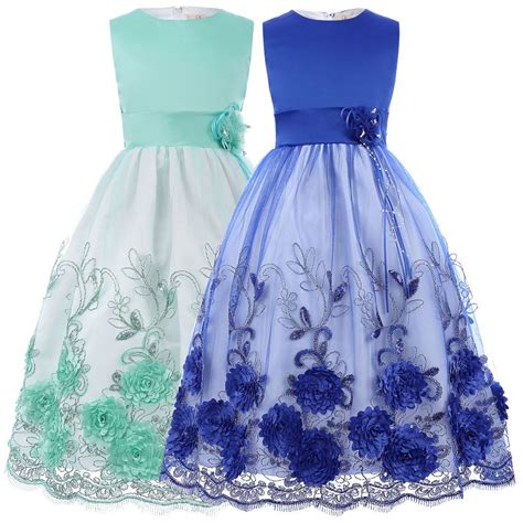 New Party Sleeveless Kids Blue Flower Girls Dress Age 2 3 4 5 6 7 8 9