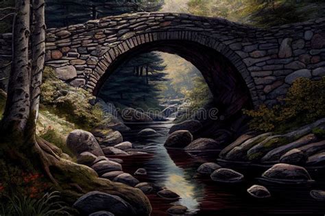Stone Bridge Over A Babbling Brook Surrounded By Tall Trees Stock Photo