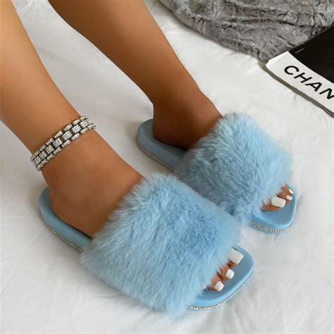 buy faux fur toe thong slippers in stock