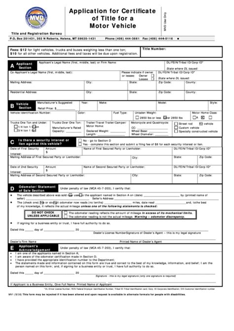 Fillable Form Mv 1 Application For Certificate Of Title For A Motor