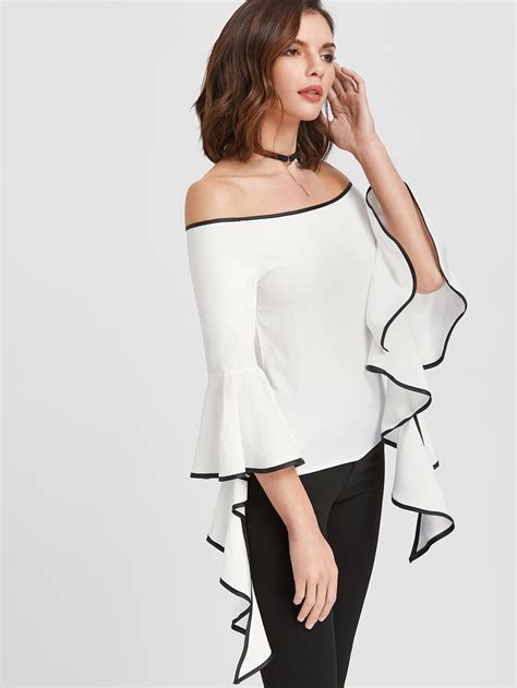 White Contrast Trim Off The Shoulder Flared Sleeve Top Emmacloth Women