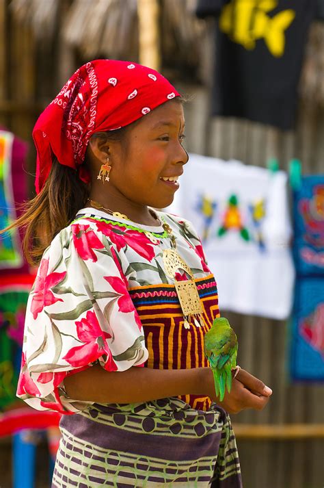 Kuna Indian Girl In Native Costume Holding Parakeet Wichub Wala Island