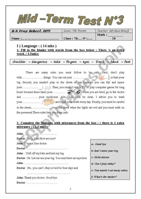 Mid Term Test 3 For 7th Form Esl Worksheet By Kais Khleifi In 2023