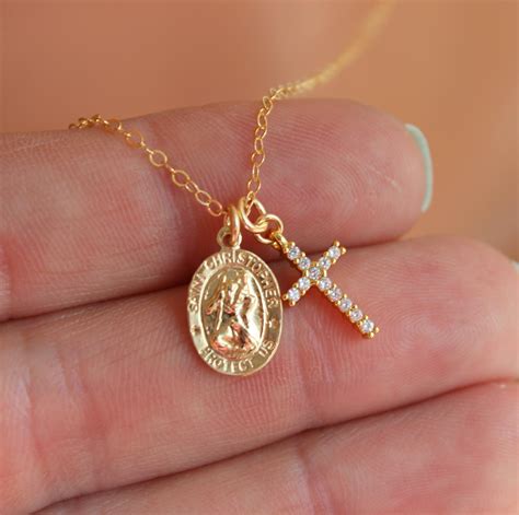 Best Seller Gold Saint Christopher Necklace Cross Charm Double Etsy