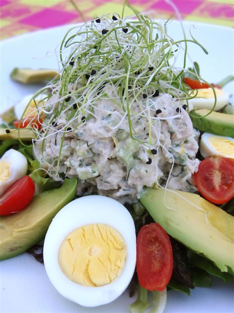 Sprinkle cheddar cheese into the bowl and whisk ingredients together until incorporated. Scrumpdillyicious: Tuna Salad with Avocado, Sprouts & Hard ...