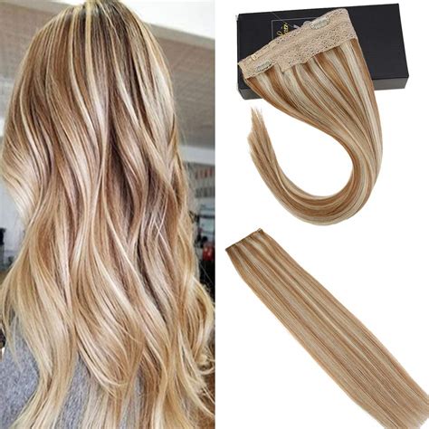 Sunny Blonde Highlighted Halo Human Hair Extensions Flip On Color 27613 Caramel
