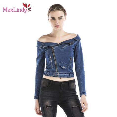 Maxlindy Jeans Jackets Women New Sexy Off Shoulder Denim Jacket Fashion Solid Slash Neck Slim