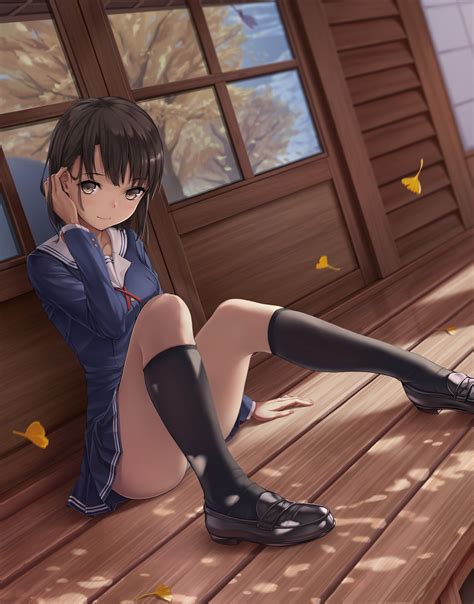 Wallpaper Long Hair Anime Girls Short Hair Legs Black Hair Brown Eyes Thigh Highs