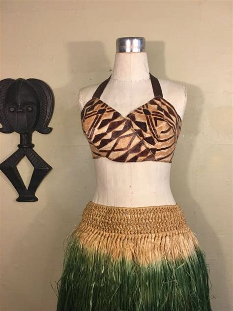 1940s Authentic Hawaiian Grass Skirt And Tiki Kapa Bikini Top Etsy