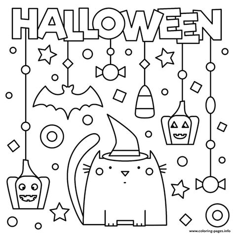 Halloween Cat Pumpkins Stars Kids Coloring Page Printable