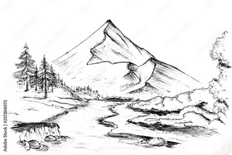Art Picture Drawn Mountain Landscape With A River Sketch Black And