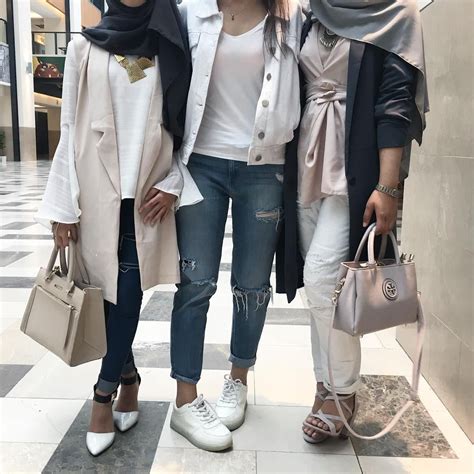 Hijab Fashion Grey Jean Trench Coat Chic Jackets Pants Instagram
