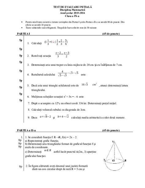Doc Test De Evaluare IniŢialĂ Disciplina Matematică Anul şcolar 2015