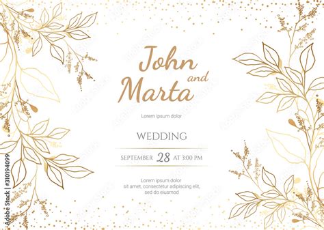 Wedding Invitation With Gold Flowers Background With Geometric Golden