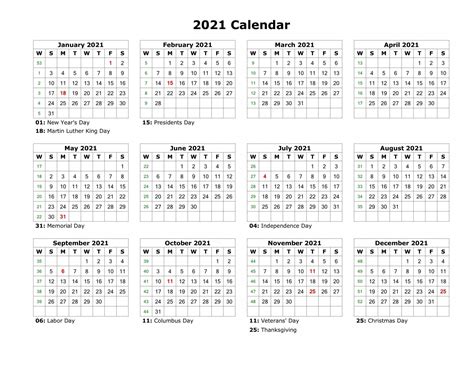 One Page Calendar 2021 Free Letter Templates
