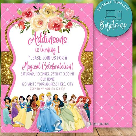 Editable Disney Princess Party Invitation Instant Download Bobotemp