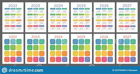 Kalender 2022 2023 2024 2025 2026 En 2027 Engels Vectorset Sjabloon