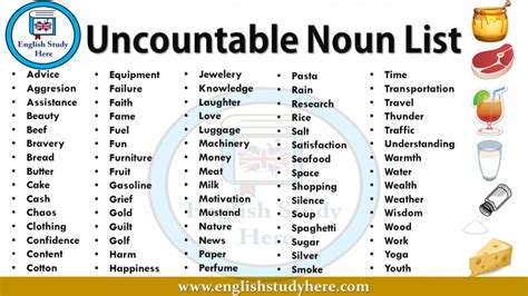 Uncountable Noun List English Study Here