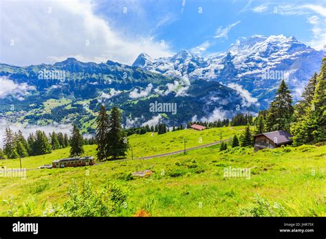 Majestic Panoramic View Of Eiger Monch Jungfrau Mountains From Murren
