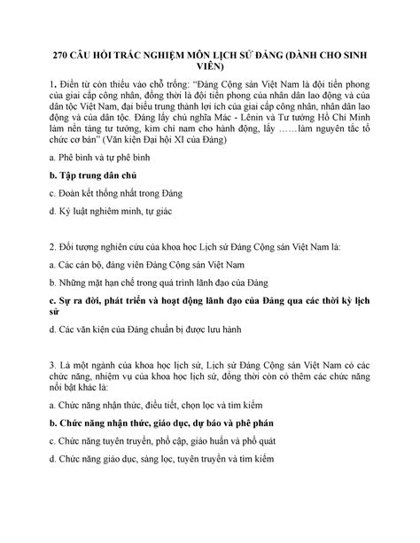 Tài liệu câu hỏi trắc nghiệm lịch sử đảng đầy đủ và chính xác