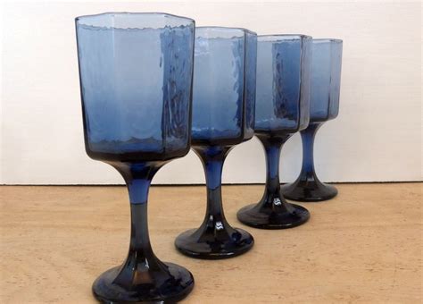 Vintage Set Of 4 Libbey Blue Facets Wine Glasses Textured Cobalt Blue Paneled Wine Goblets