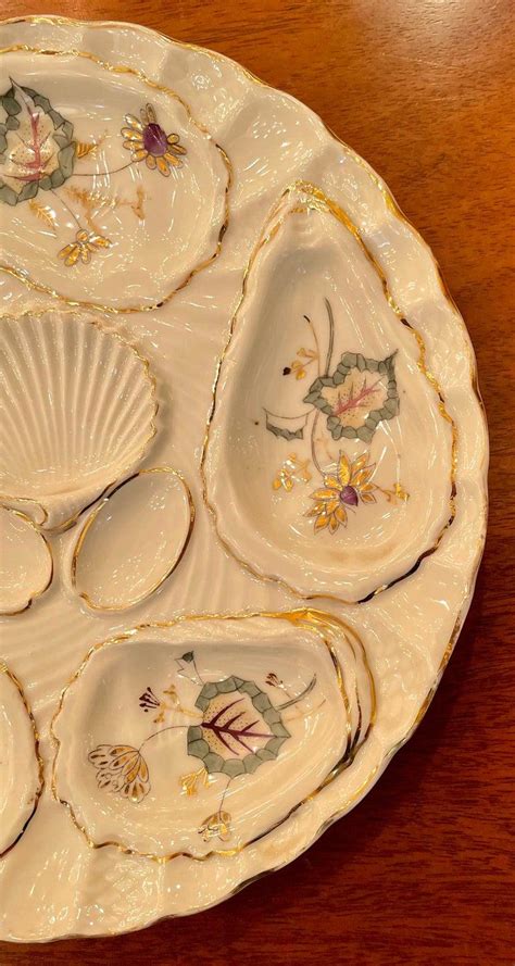 Antique Continental Porcelain Hand Painted Leaves And Floral Oyster
