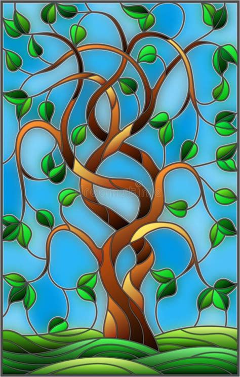 Stained Glass Illustration With Twisted Green Tree On Sky Background