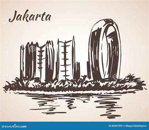 Jakarta Sketch Skyline Jakarta Indonesia Vintage Vector Illustration