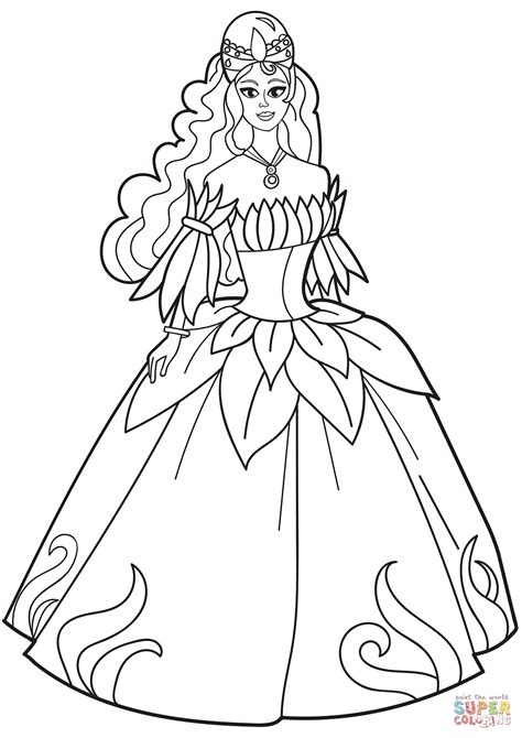 Розмальовка Принцеса в квітковій сукні Розмальовки для дітей друк онлайн