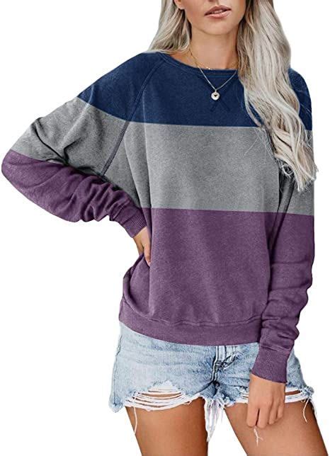 Womens Crewneck Color Block Sweatshirt Oversized Long Sleeve Casual