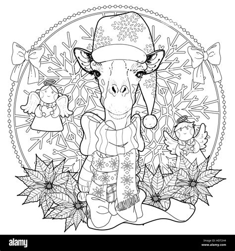Christmas Giraffe Coloring Page With Decorations In Exquisite Line