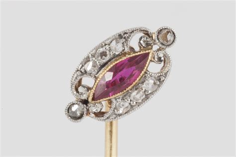 Antique Tie Pin With Marquise Burma Ruby And Diamond Cluster English