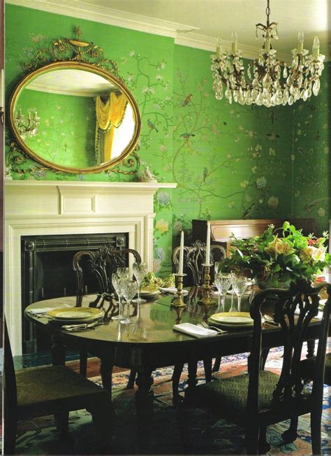 hand-painted silk wallpaper | Green dining room, Trendy living room