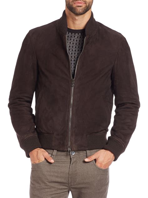 Lyst Saks Fifth Avenue Suede Bomber Jacket In Brown For Men