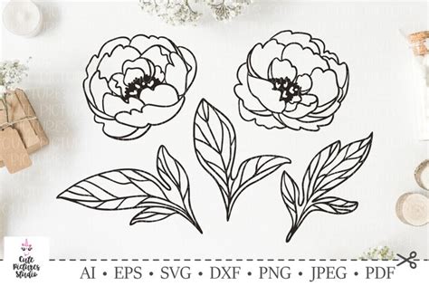 Graceful peony leavesf and flowers. SVG DXF cut file.