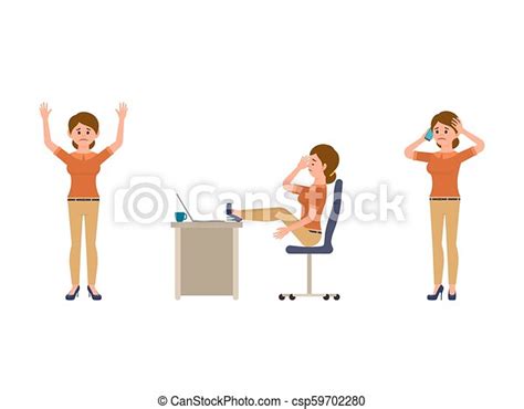 Unhappy Office Woman Cartoon Character Upset Lady Manager Sitting Standing Talking On Phone