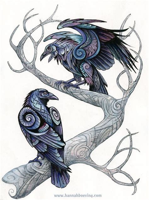 Odins Ravens Mixed Media Ink Watercolor Colored Pencil On Paper