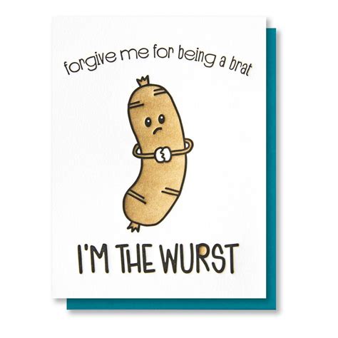 Funny Sorry Letterpress Card Im The Wurst Bratwurst Pun Kiss And Punch Punny Cards